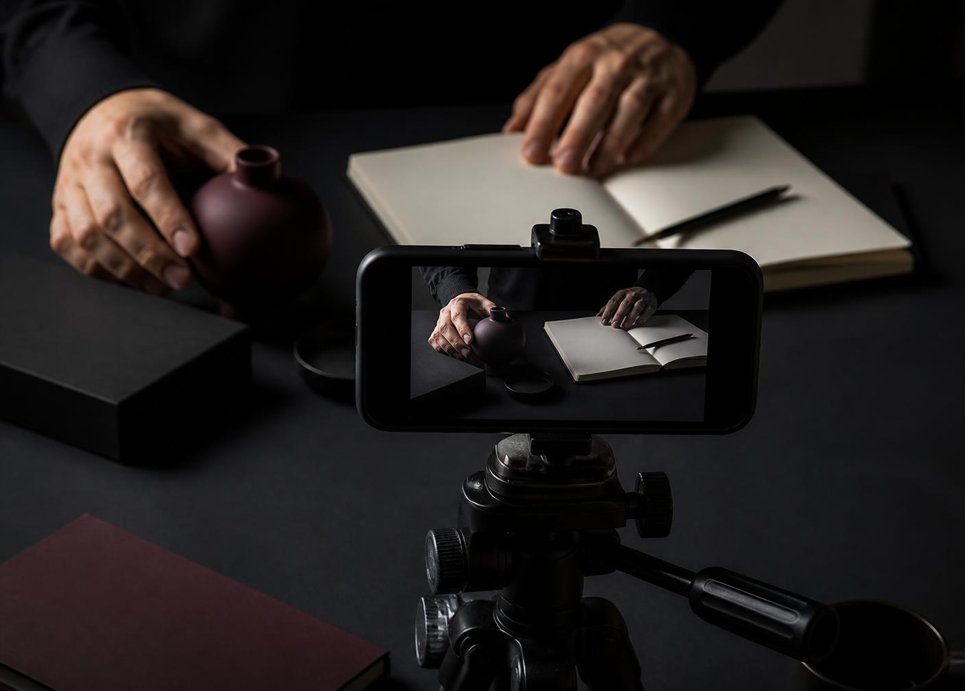 Smartphone auf einem Stativ filmt eine ruhige, dunkle Objektaufnahme ohne Gesicht